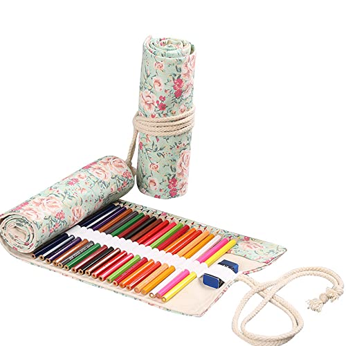 Duories 24 Löcher Handgefertigter Canvas-Bleistiftwickel,Unisex Federmäppchen Pencil Case Bleistift Wrap Kasten Bleistifthalter Schreibwarenbeutel Bleistift Beutel für Künstler Schule Büro,Rose von Duories