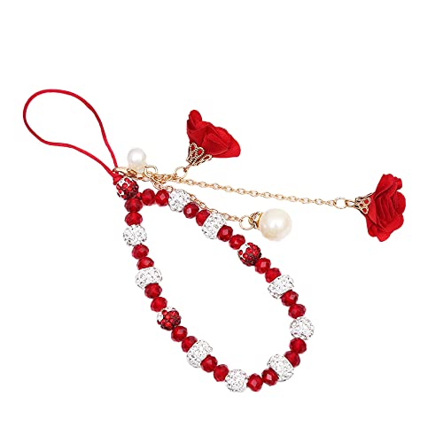 Glitzer Diamant Handykette Strass Blumen Anhänger Telefon Charm Beads Chain Telefon Kette Handy Straps Handgelenkkette Mobile Phone Schlüsselband Hängende Schnur Handy Schmuck für Frauen Damen,Rot von Duories