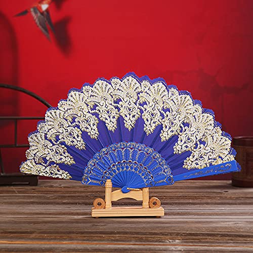 Handfächer Stofffächer,Vintage Faltfächer Chinesischer Stoff Fächer Faltfächer für Abkühlung im Sommer Hochzeit Geschenk Muttertag Party Kostüm Halloween Karneval Fasching Tanzen Hand Fan,Königsblau von Duories