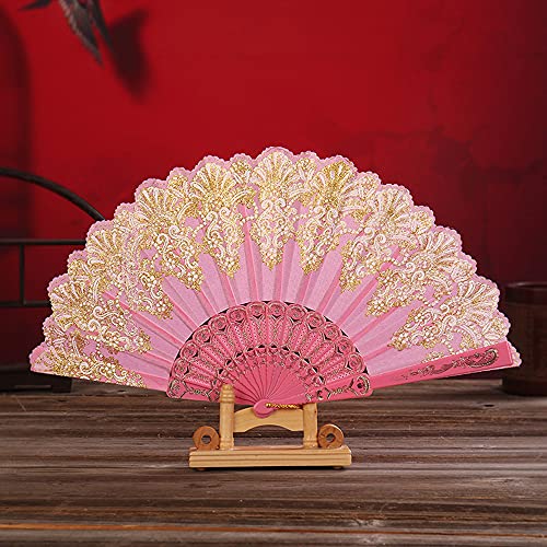 Handfächer Stofffächer,Vintage Faltfächer Chinesischer Stoff Fächer Faltfächer für Abkühlung im Sommer Hochzeit Geschenk Muttertag Party Kostüm Halloween Karneval Fasching Tanzen Hand Fan,Rosa von Duories