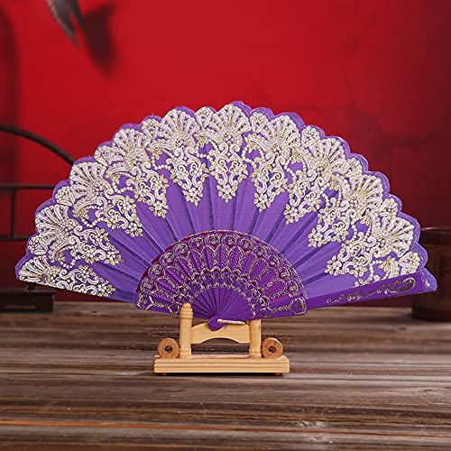 Handfächer Stofffächer,Vintage Faltfächer Chinesischer Stoff Fächer Faltfächer für Abkühlung im Sommer Hochzeit Geschenk Muttertag Party Kostüm Halloween Karneval Fasching Tanzen Hand Fan,Lila von Duories