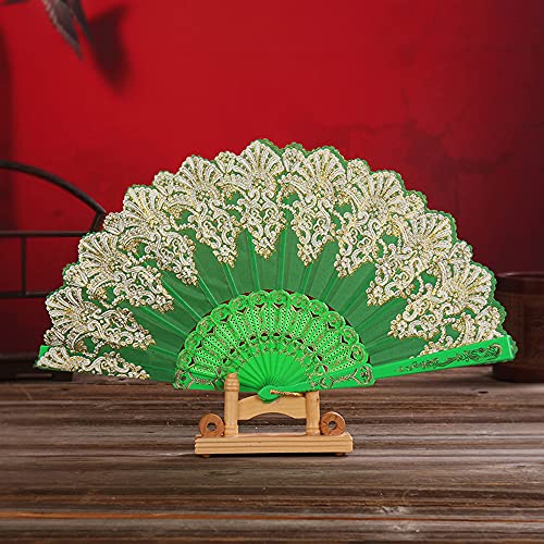 Handfächer Stofffächer,Vintage Faltfächer Chinesischer Stoff Fächer Faltfächer für Abkühlung im Sommer Hochzeit Geschenk Muttertag Party Kostüm Halloween Karneval Fasching Tanzen Hand Fan,Grün von Duories