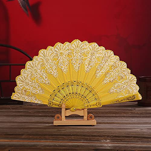 Handfächer Stofffächer,Vintage Faltfächer Chinesischer Stoff Fächer Faltfächer für Abkühlung im Sommer Hochzeit Geschenk Muttertag Party Kostüm Halloween Karneval Fasching Tanzen Hand Fan,Gelb von Duories