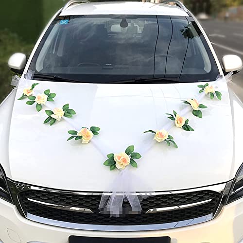 Hochzeit Car Auto Wedding Deko Girlande, Organza Autoschmuck Hochzeit Auto Schmuck Braut Paar Rose Deko, Hochzeits Autodeko Rosendekoration Set, Hochzeitsschmuck für Hochzeits Verlobt Party,Sekt von Duories