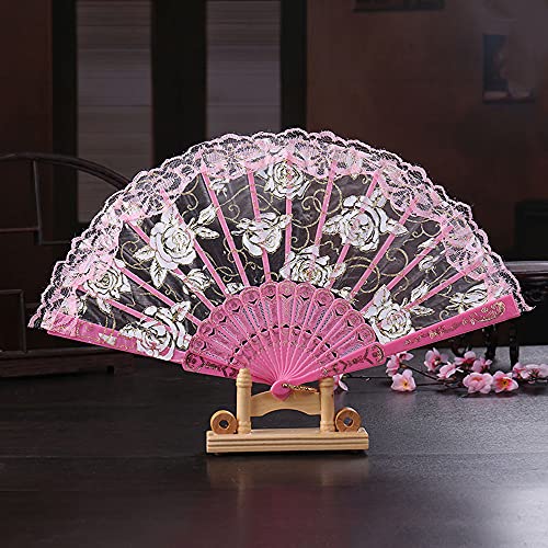 Hochzeitsfächer Spitze,Handfächer Spanische Barock Viktorianischen Faltfächer Klappfächer Vintage Damen Herren Folding Fans Fächer für Hochzeit Geschenk Party Kostüm Karneval Tanzen Fasching,Rosa von Duories