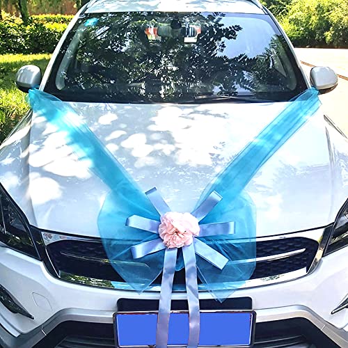 Organza Autoschmuck Braut Paar Hochzeit Autoschleife Große Car Bow Tüll Schleife Riesenschleife Dekoschleife für Auto Dekor Hochzeit New Houses Party Feier Valentinstag Brautwagen Deko,Blau A von Duories