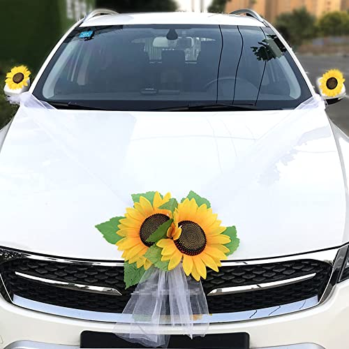 Organza Autoschmuck Hochzeit,Wedding Hochzeit Car Autodeko Girlande,Auto Schmuck Braut Paar Sonnenblume Deko,Hochzeits Autodeko Blumendekoration,Hochzeitsschmuck für Hochzeits Verlobt Party,Weiss A von Duories