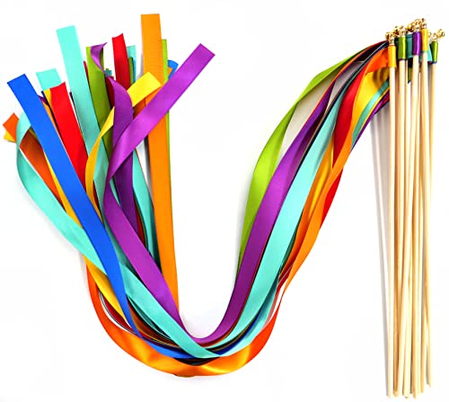 Zauberstäbe mit Band Glocken,20 Stück Luftschlangen Seide Fee Stick,Wedding Twirling Streamers Ribbon Wedding Wands Stick für Hochzeit Partys Babypartys Geburtstag Urlaub Feiern Weihnachten,Regenbogen von Duories