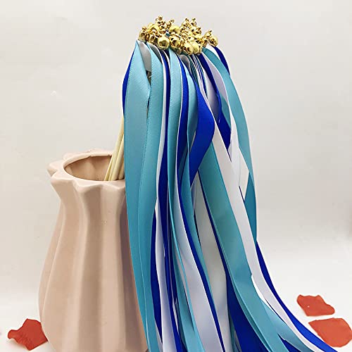 Zauberstäbe mit Band Glocken,50 Stück Luftschlangen Seide Fee Stick,Wedding Twirling Streamers Ribbon Wedding Wands Stick für Hochzeit Partys Babypartys Geburtstag Urlaub Feiern Weihnachten,Blau von Duories