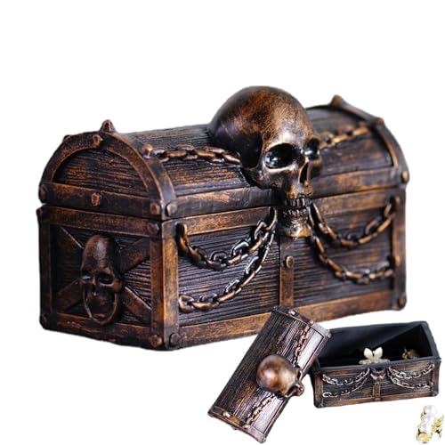 Duqulle Kleine Truhe - Vintage Schatzpiraten Aufbewahrungsbox - Harz-Piraten-Aufbewahrung mit Totenkopf und Ketten, Schmuckstück, staubdicht, große Schmuckschatulle zur Aufbewahrung von Schmuck von Duqulle