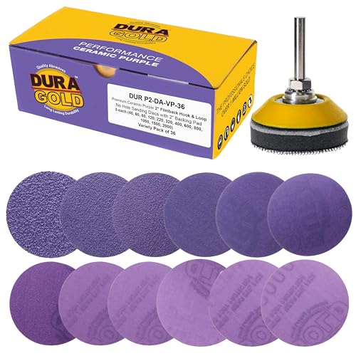 Dura-Gold Premium Keramik-Schleifscheiben, 5,1 cm, Violett, 36 Scheiben, Körnungen 40, 60, 80, 120, 220, 320, 400, 600, 800, 1000, 1500, 2000, Klett-Schleifpapier und Bohr-Trägerplatte, Auto-Holz von Dura-Gold