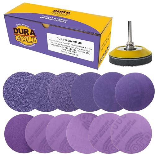 Dura-Gold Premium Keramik-Schleifscheiben, 7,6 cm, Violett, 36 Scheiben, Körnungen 40, 60, 80, 120, 220, 320, 400, 600, 800, 1000, 1500, 2000, Klett-Schleifpapier und Bohr-Trägerplatte, Auto-Holz von Dura-Gold