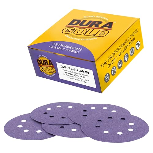 Dura-Gold Premium Schleifscheiben aus Keramik, Körnung 100, 12,7 cm, Violett, 8-Loch-Muster, Box mit 50 Stück, staubfreies Klett-Schleifpapier für DA und Exzenterschleifer, Sand, Autolack, Holz, von Dura-Gold