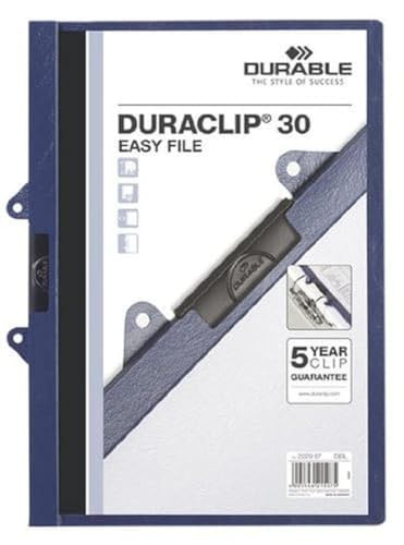 Durable Klemm-Mappe Duraclip 30 Easy File, abheftbar, Hartfolie, bis 30 Blatt A4, dunkelblau, 25er Packung, 222907 von Durable