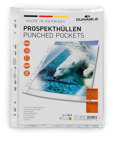 Durable Prospekthüllen (Klarsichthüllen A4 Premium extra stark, 0,08mm) 100 Stück, glasklar, 267619 von Durable