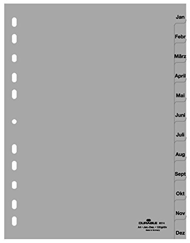 Durable 6514-10 Ordnerregister Jan.-Dez, A4 hoch, 12-teilig, PP, grau (25er Karton) von Durable