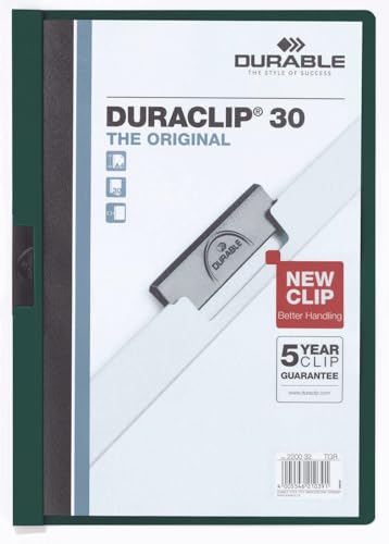 Durable Duraclip Folder PVC Clear Front 3mm Spine for 30 Sheets A4 Petrol Green Ref 2200/32 [Pack 25] von Durable