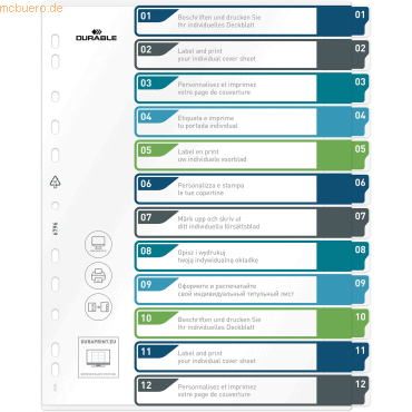 Durable Ordnerregister PP 1-12 farbige Taben beschriftbar A4+ hoch 245 von Durable