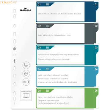 Durable Ordnerregister PP 1-5 farbige Taben beschriftbar A4+ hoch 245x von Durable