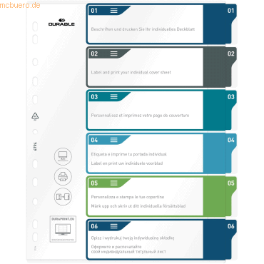 Durable Ordnerregister PP 1-6 farbige Taben beschriftbar A4+ hoch 245x von Durable