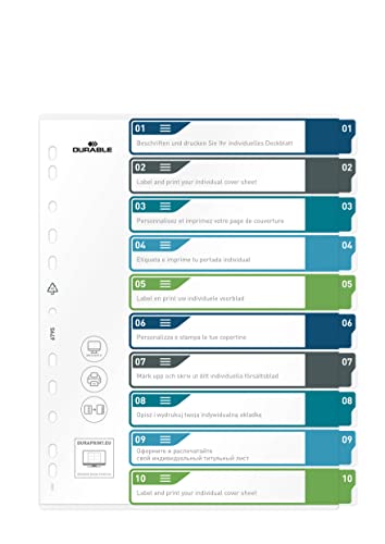 Durable Register 1-10, A4+ hoch, beschriftbares Indexblatt, 100% recycelbar, mehrfarbig, 679527 von Durable