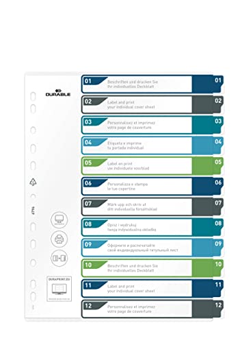 Durable Ordnerregister 1-12, A4+ hoch, beschriftbares Indexblatt, 100% recycelbar, mehrfarbig, 679627 von Durable