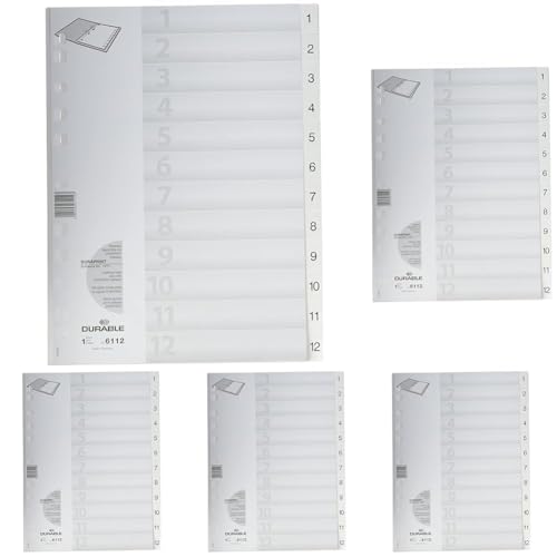 Durable Register 1-12, DIN A4 hoch, weiß, mit geprägten Taben, Universallochung, PP, 611202 (Packung mit 5) von Durable