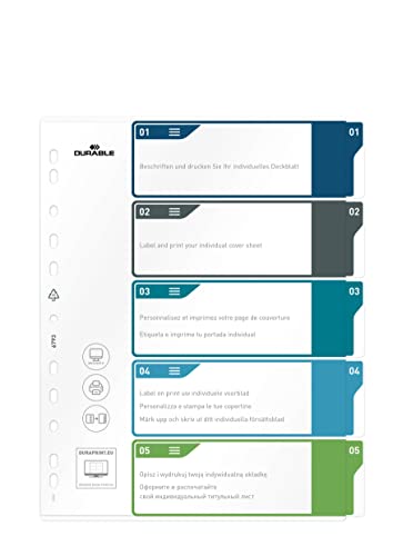 Durable Register 1-5, A4+ hoch, beschriftbares Indexblatt, 100% recycelbar, mehrfarbig, 679327 von Durable