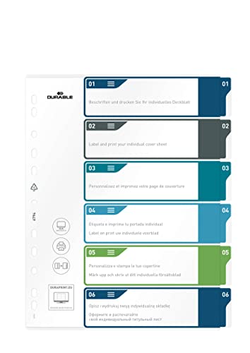 Durable Register 1-6, A4+ hoch, beschriftbares Indexblatt, 100% recycelbar, mehrfarbig, 679427 von Durable