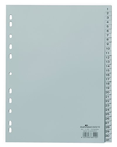 Durable Zahlenregister 1-31 (A4, geprägte Taben, PP volldeckend) 10 Stück, grau, 652310 von Durable