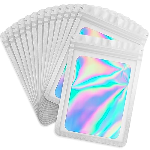 Durimoiy 100 PCS holographische Beutel für Wimpern, Süßigkeiten, kleine Tütchen Probenbeutel Verpackungsbeutel, wiederverschließbare Beutel für kleine Unternehmen(weiß, 10,5x15 cm) von Durimoiy