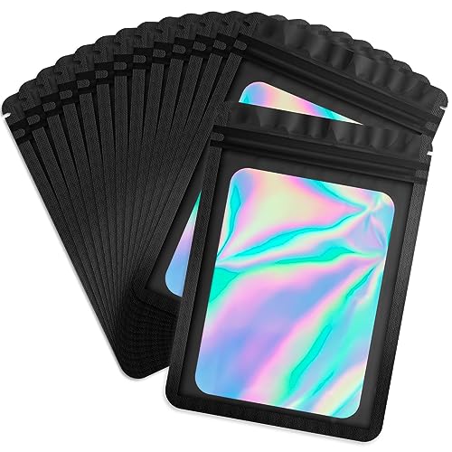 Durimoiy 100 Pack schwarze Zip-Beutel Holographische Beutel, wiederverschließbare Beutel für kleine Unternehmen mit Frontfenster, Probe Baggies Verschließbare Mylar-Beutel für Party Favor (14 X 20 cm) von Durimoiy