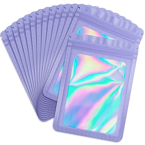 Durimoiy 100 Stück wiederverschließbare Beutel klar holographische Beutel, große Mylar Lebensmittel Lagerung Beutel, Zipper Sealing Bag für Probe Small Business (lila, 16x24 cm) von Durimoiy