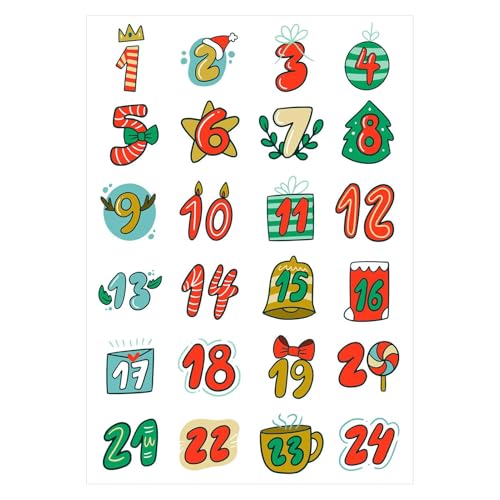 Adventskalender Aufkleber Set(Zahlen 1-24) - 24 Sticker für Kalender zum Selber Basteln für Weihnachten - Adventskalenderzahlen Etiketten Selbstklebend - Zahlenaufkleber - Nummern Papiertüten von Duroecsain