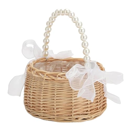 Rattan Blumenkorb Geflochtener Blumenkorb Hochzeit Blumenmädchen Korb mit Schleife Gewebter Wäschekorb Weidengriff Hochzeit Streukörbchen Rattankorb Handmade Willow Aufbewahrungskorb von Duroecsain