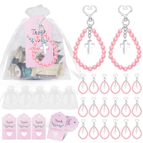 Dusarls 20 Sets Pearl Cross Schlüssel anhänger, Pearl Cross Anhänger Schlüssel bund Bulk mit Dankes-Tags und Organza-Tasche für Gast-Hochzeits-Baby-Shower-Party-Gefälligkeiten von Dusarls