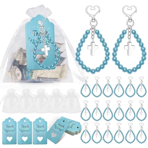 Dusarls 20 Sets Pearl Cross Schlüssel anhänger, Pearl Cross Anhänger Schlüssel bund Bulk mit Dankes-Tags und Organza-Tasche für Gast-Hochzeits-Baby-Shower-Party-Gefälligkeiten von Dusarls