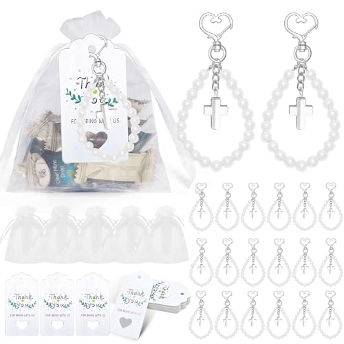 Dusarls 20 Sets Pearl Cross Schlüssel anhänger, Pearl Cross Anhänger Schlüssel bund Bulk mit Dankes-Tags und Organza-Tasche für Gast-Hochzeits-Baby-Shower-Party-Gefälligkeiten von Dusarls