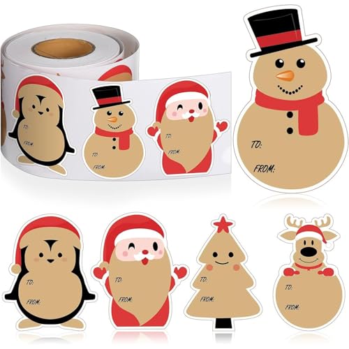 Dusarls 200 Stück Etiketten, selbstklebend, Weihnachtsmann, Schneemann, Weihnachtsaufkleber, Kraftpapier, Urlaubsgeschenke, Namensschilder, Aufkleber für Weihnachtsgeschenke, Geschenkboxen, Umschläge, von Dusarls