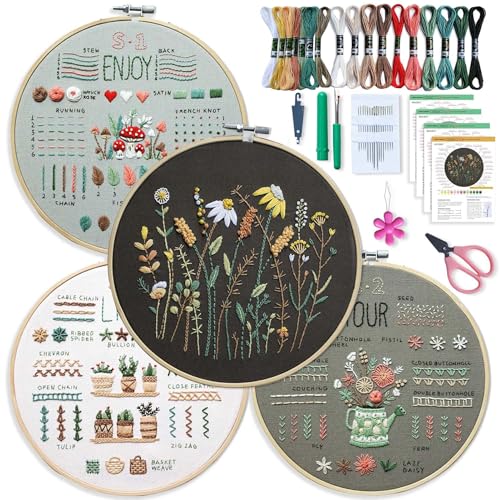 Duscdesp 4 Stück Stickset Sticken Set Erwachsene, Stickerei Set Anfänger Embroidery Kit mit Stickrahmen Farbfäden Werkzeuge, Basteln Bastelset Kreuzstich Stick and Poke Set für DIY Kunst Handwerk (A) von Duscdesp