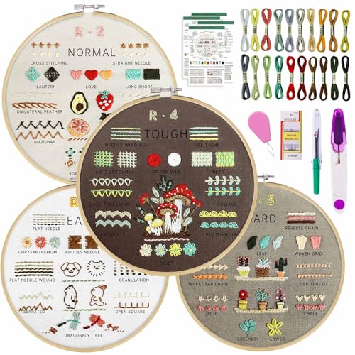 Duscdesp 4 Stück Stickset Sticken Set Erwachsene, Stickerei Set Anfänger Embroidery Kit mit Stickrahmen Farbfäden Werkzeuge, Basteln Bastelset Kreuzstich Stick and Poke Set für DIY Kunst Handwerk (B) von Duscdesp