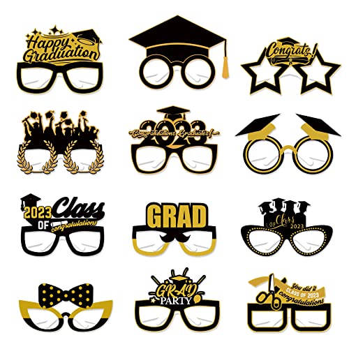 Dusenly 12 Stück Klasse von 2023 Graduierung Brille Papier Karte Party Brille Schwarz Gold Congrats Grad Foto Requisiten 2023 Graduierung Party Favors von Dusenly