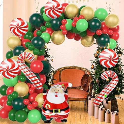 Dusenly 150 Stück Weihnachtsballons Girlande Bogen Kit Rot Grün Gold Zuckerstange Folienballons Weihnachtsmann Ballons für Weihnachten Party Dekorationen von Dusenly