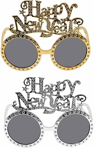 Dusenly 2 Stück Happy New Year Brillen Strass Schwarz Gold Neujahr Party Brille Requisiten für Silvester Party Dekorationen (Diandu) von Dusenly