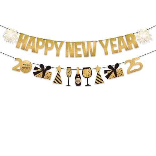 Dusenly 2025 Happy New Year Banner Gold 2025 Silvester Party Bunting Banner Girlande für 2025 Silvester Party Dekorationen Bevorzugungen von Dusenly