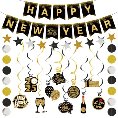 Dusenly 2025 Happy New Year Banner Hängende Wirbel Dekorationen Schwarz Gold 2025 Swirl Streamers Banner 2025 Silvester Party Dekoration Supplies von Dusenly