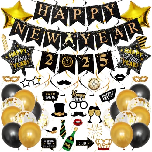 Dusenly 2025 Neujahr Party Dekorationen - Happy New Year 2025 Banner Luftballons Silvester Photo Booth Requisiten Schwarz Gold Swirl Streamers Supplies von Dusenly