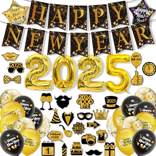 Dusenly 2025 Silvester Party Supplies 2025 Happy New Year Banner Ballons 2025 Folienballons Silvester Party Photo Booth Requisiten Dekorationen von Dusenly