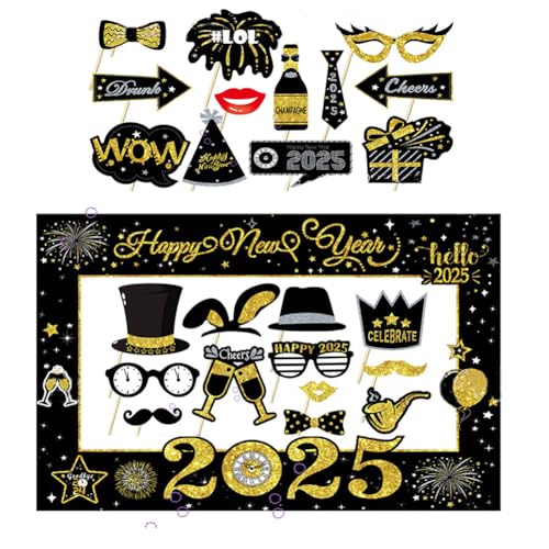 Dusenly 25pcs Glitter 2025 Happy Silvester Party Foto Booth Requisiten mit Fotorahmen Requisiten 2025 New Year Bilderrahmen Dekorationen von Dusenly