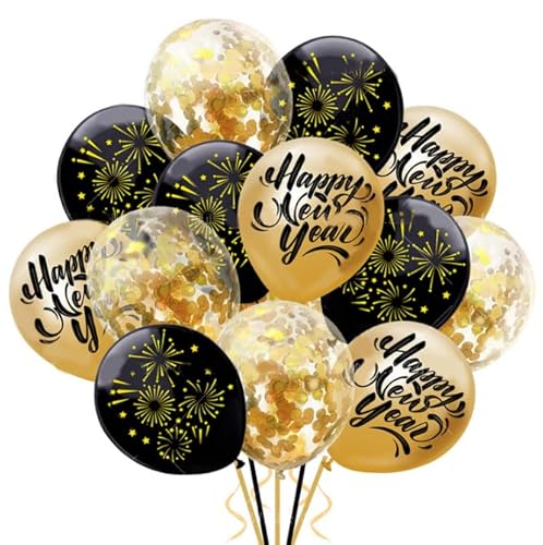 Dusenly 36pcs Happy New Year Luftballons Schwarz Gold 2025 Neujahr Luftballons Konfetti Ballons 2025 Silvester Party Dekorationen von Dusenly